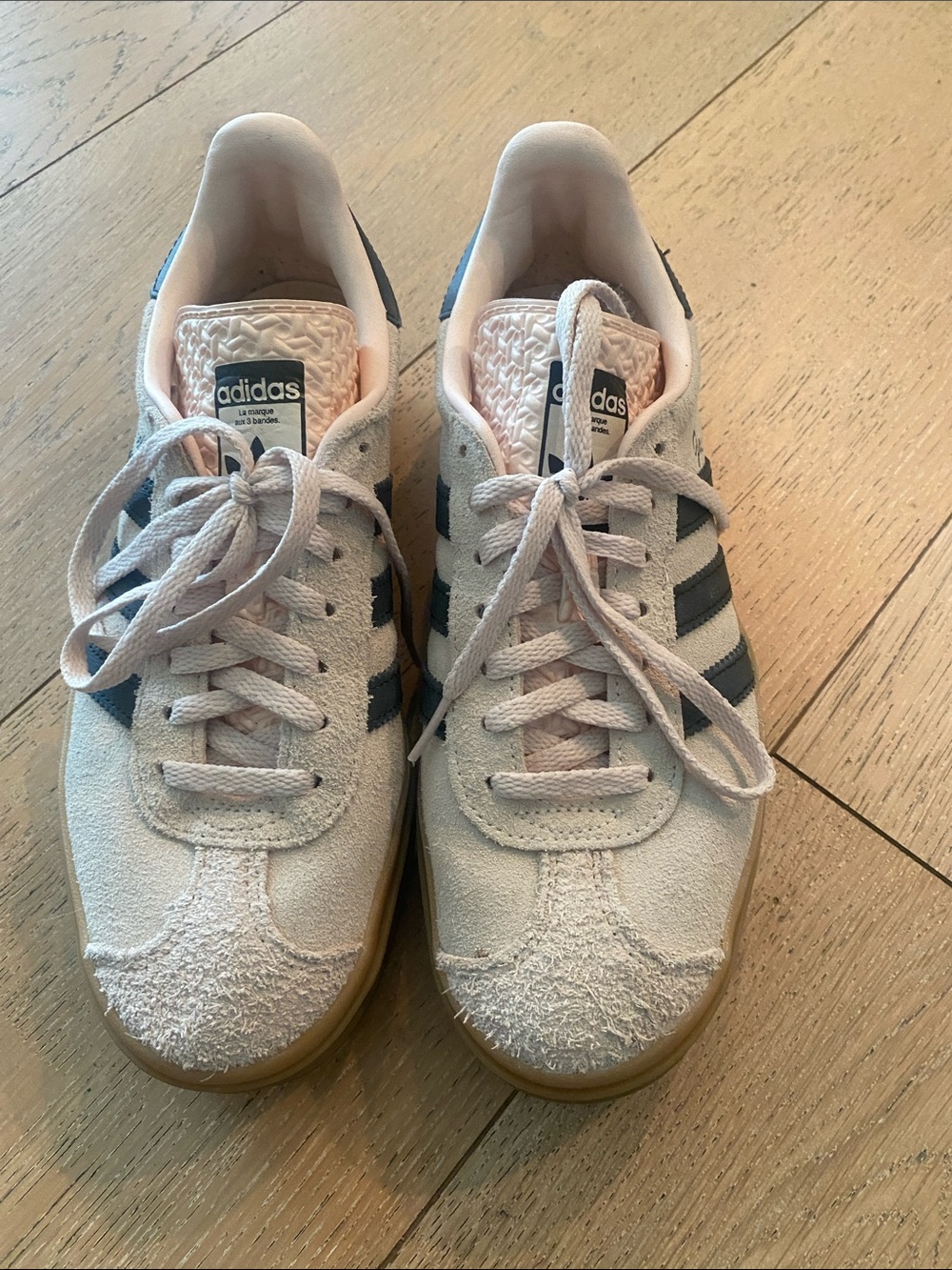 adidas Women’s Suede Sneakers in Light Pink with Black Stripes